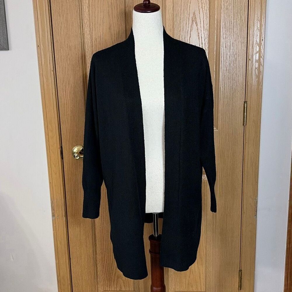 LOFT Wool Blend Open Front Longline Cardigan Black Small Ribbed Knit